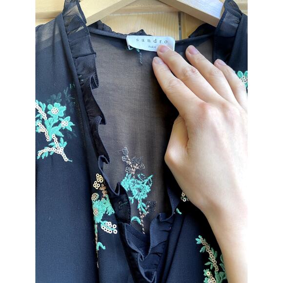 Sandro Paris Embroidered Faux Wrap Midi Black Ruffled Dress Size 1 Small FR 36 - Picture 4 of 12